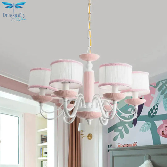 Macaroon 3/6 Bulbs Pendant Light Pink/Blue Drum Chandelier Lighting Fixture With Fabric Shade
