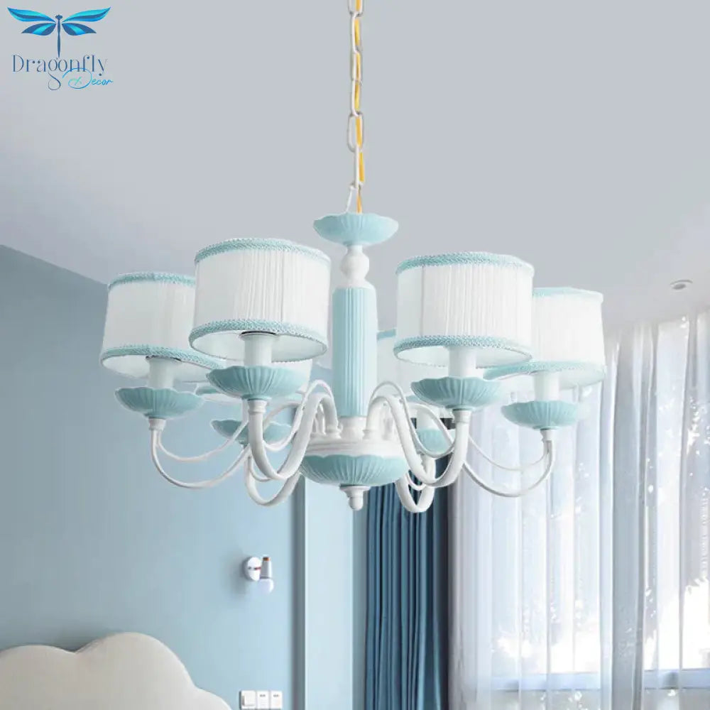 Macaroon 3/6 Bulbs Pendant Light Pink/Blue Drum Chandelier Lighting Fixture With Fabric Shade
