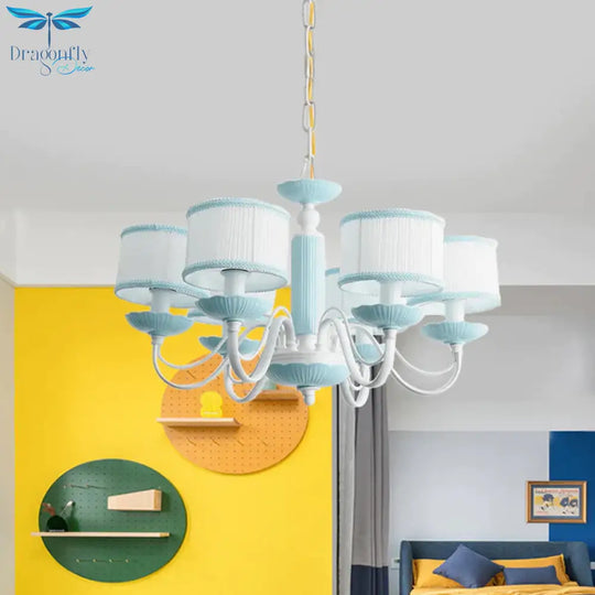 Macaroon 3/6 Bulbs Pendant Light Pink/Blue Drum Chandelier Lighting Fixture With Fabric Shade