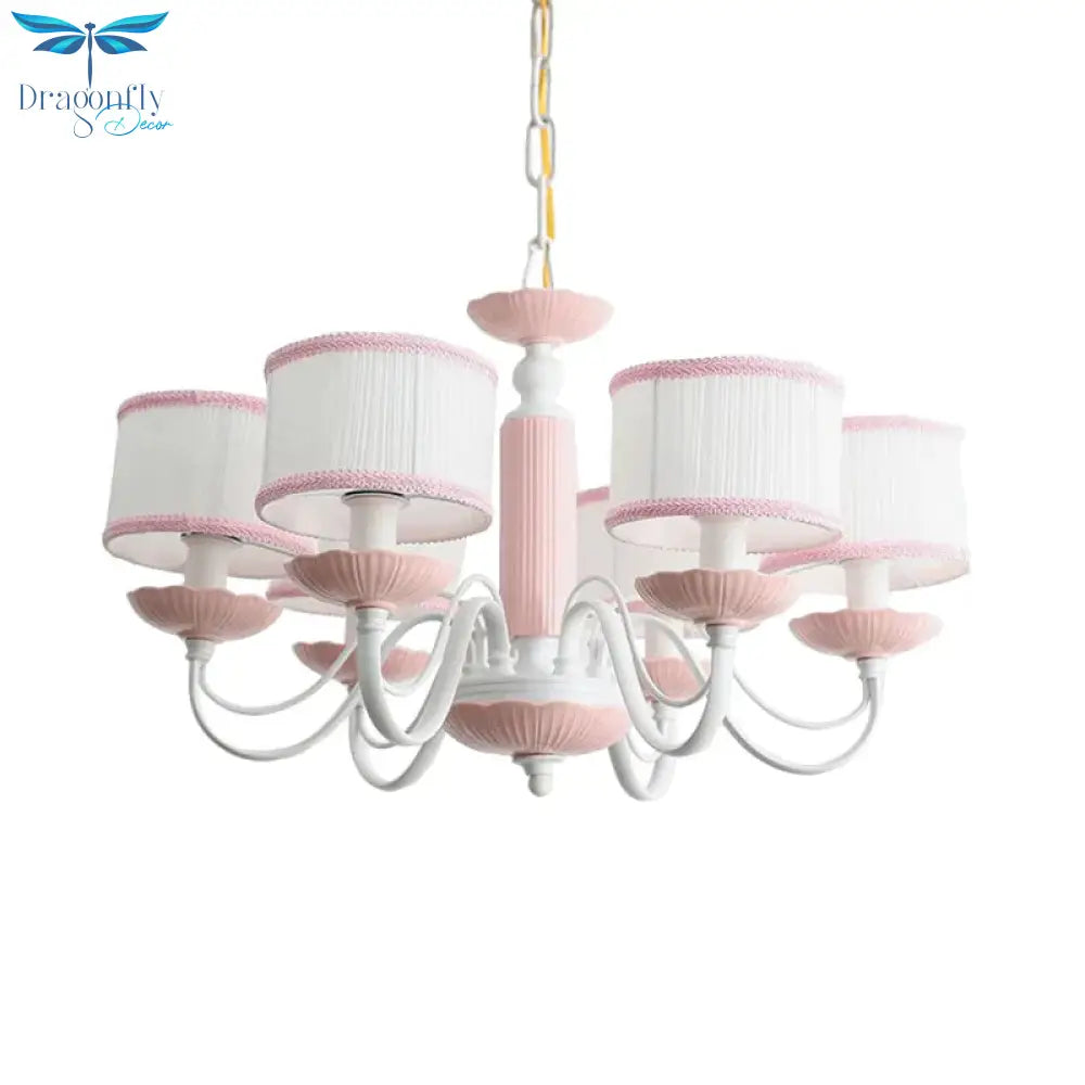 Macaroon 3/6 Bulbs Pendant Light Pink/Blue Drum Chandelier Lighting Fixture With Fabric Shade