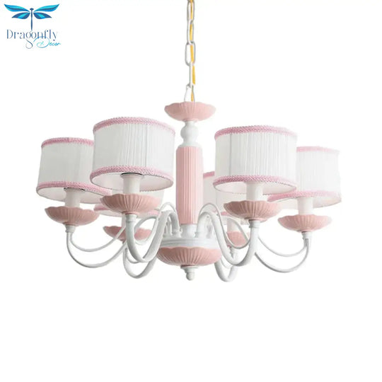 Macaroon 3/6 Bulbs Pendant Light Pink/Blue Drum Chandelier Lighting Fixture With Fabric Shade