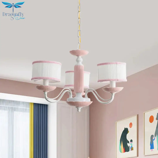 Macaroon 3/6 Bulbs Pendant Light Pink/Blue Drum Chandelier Lighting Fixture With Fabric Shade