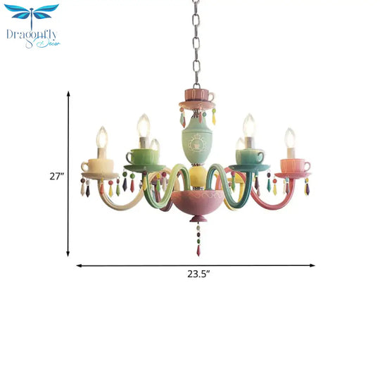 Macaroon Cup Crystal Chandelier 5/6 Lights Pendant Lighting Fixture In Blue - Yellow - Green - Pink