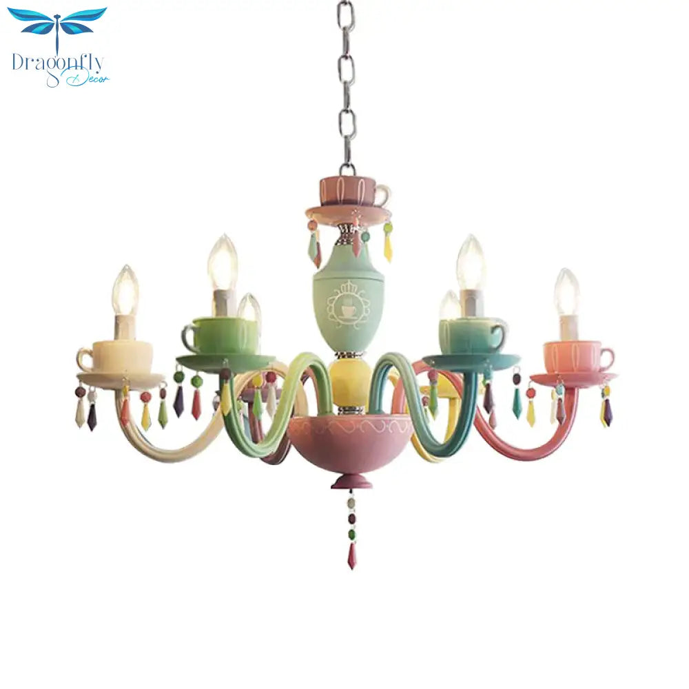 Macaroon Cup Crystal Chandelier 5/6 Lights Pendant Lighting Fixture In Blue - Yellow - Green - Pink