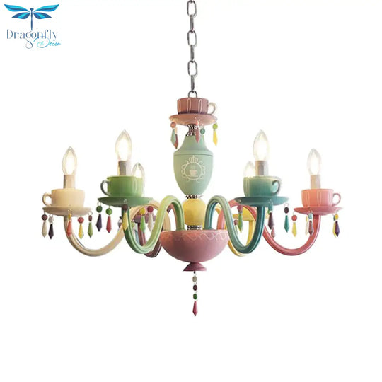 Macaroon Cup Crystal Chandelier 5/6 Lights Pendant Lighting Fixture In Blue - Yellow - Green - Pink