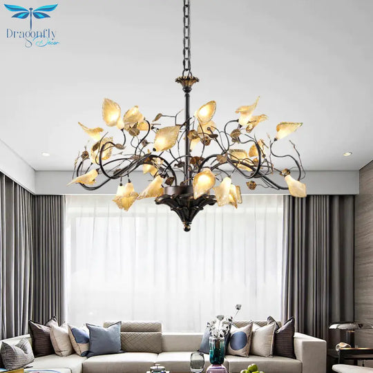 Metal Antique Bronze Pendant Chandelier Flower 25 Lights Countryside Led Down Lighting For