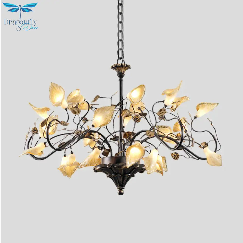 Metal Antique Bronze Pendant Chandelier Flower 25 Lights Countryside Led Down Lighting For