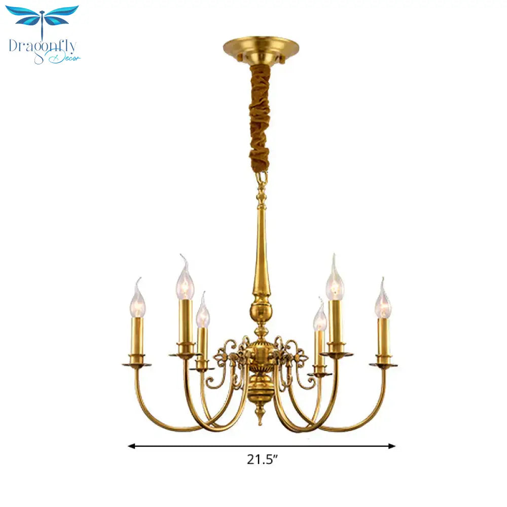 Metal Arched Arm Chandelier Light Fixture Colonialist 6 Lights Living Room Ceiling Pendant In Gold