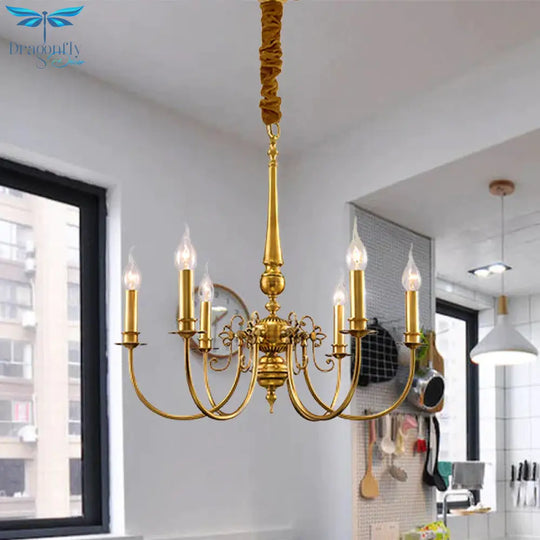 Metal Arched Arm Chandelier Light Fixture Colonialist 6 Lights Living Room Ceiling Pendant In Gold
