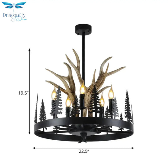 Metal Black Ceiling Chandelier Candle 5 Heads Farmhouse Hanging Pendant Light With Wheel Design