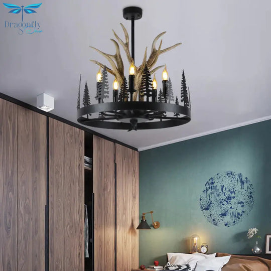 Metal Black Ceiling Chandelier Candle 5 Heads Farmhouse Hanging Pendant Light With Wheel Design