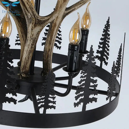 Metal Black Ceiling Chandelier Candle 5 Heads Farmhouse Hanging Pendant Light With Wheel Design