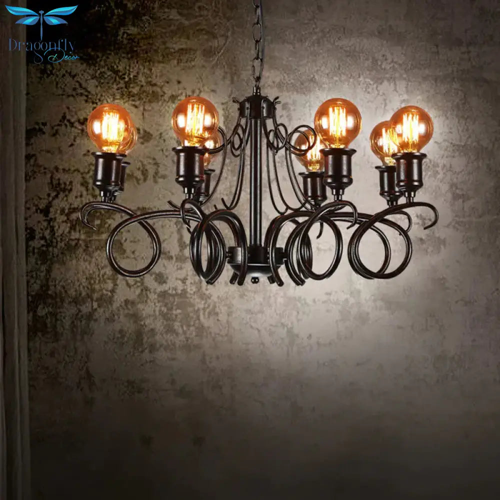 Metal Black Hanging Chandelier Swirled Arm 8 - Bulb Traditional Suspension Light For Living Room