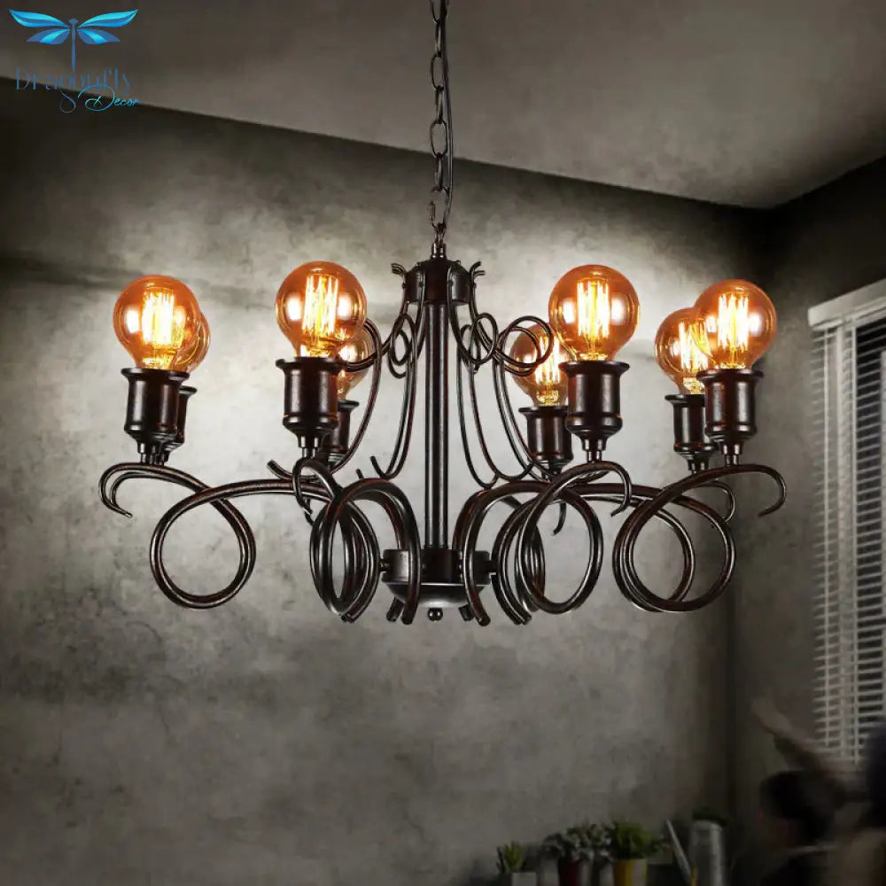 Metal Black Hanging Chandelier Swirled Arm 8 - Bulb Traditional Suspension Light For Living Room