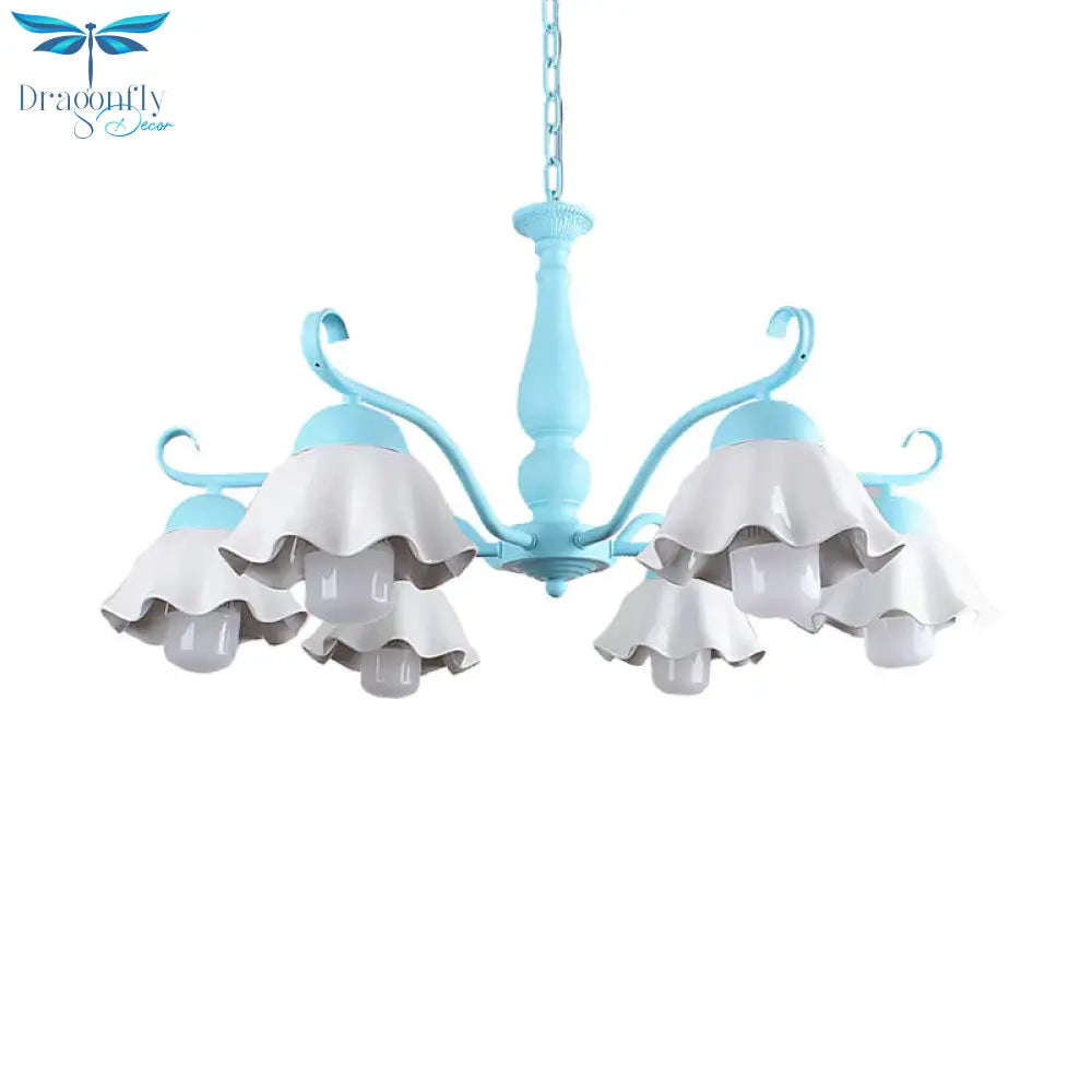 Metal Black/White/Blue Chandelier Lighting Scalloped 6 Heads Country Style Hanging Light Fixture