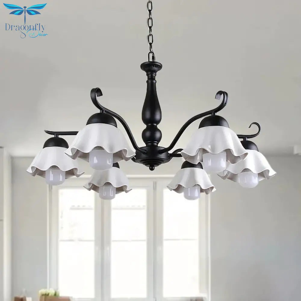 Metal Black/White/Blue Chandelier Lighting Scalloped 6 Heads Country Style Hanging Light Fixture
