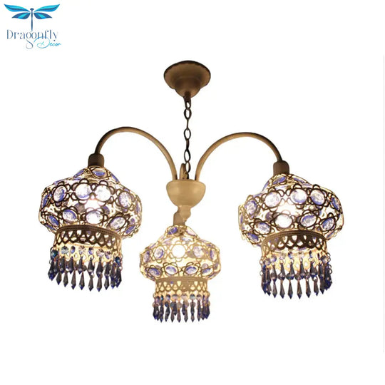 Metal Blue Chandelier Light Fixture Lantern 3 Bulbs Traditional Ceiling Pendant For Living Room