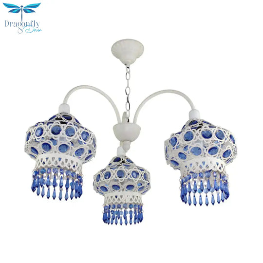 Metal Blue Chandelier Light Fixture Lantern 3 Bulbs Traditional Ceiling Pendant For Living Room