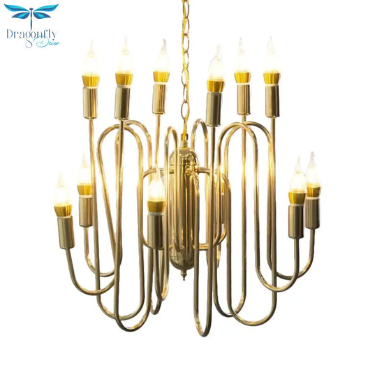 Metal Branch Chandelier Minimalism 12 Heads Gold Pendant Lighting Fixture For Dining Room
