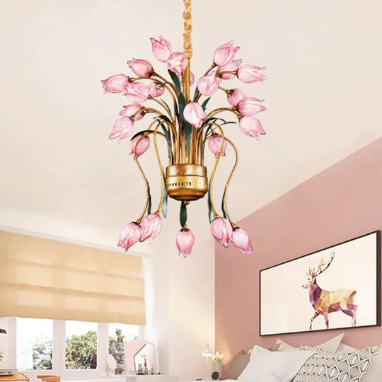 Metal Brass Hanging Chandelier Tulip 16/25 Lights Pastoral Style Led Down Lighting Pendant For