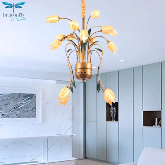 Metal Brass Hanging Chandelier Tulip 16/25 Lights Pastoral Style Led Down Lighting Pendant For