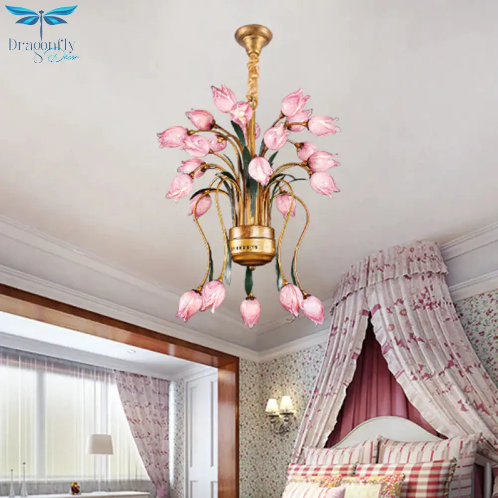 Metal Brass Hanging Chandelier Tulip 16/25 Lights Pastoral Style Led Down Lighting Pendant For
