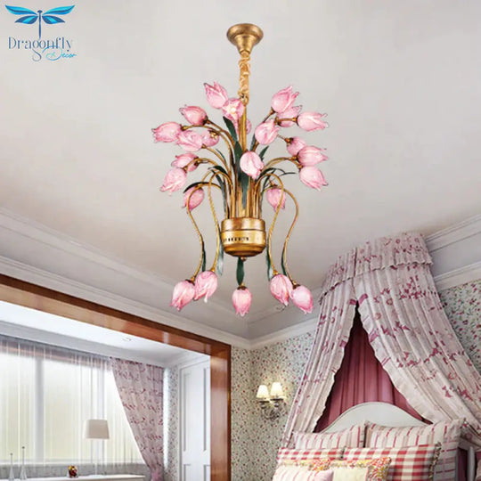 Metal Brass Hanging Chandelier Tulip 16/25 Lights Pastoral Style Led Down Lighting Pendant For