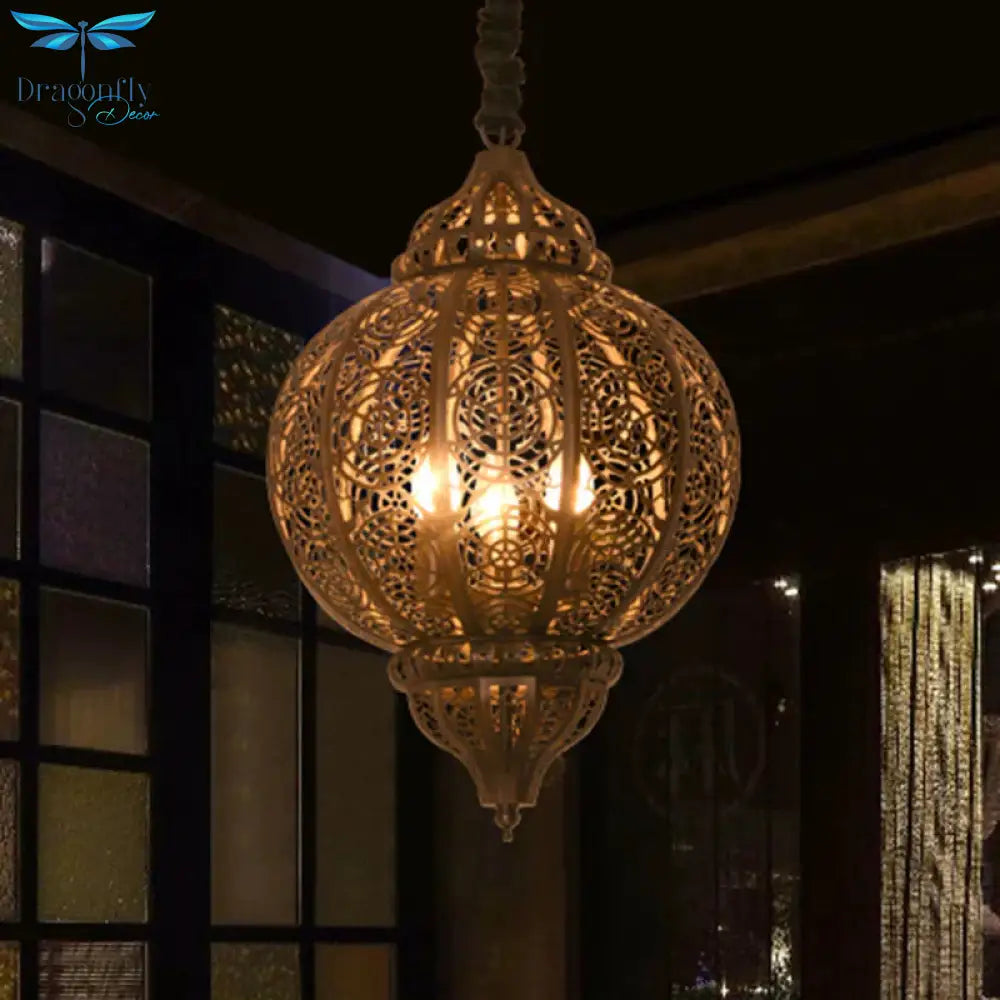 Metal Bronze Pendant Lighting Lantern Shade 3 - Bulb Traditional Hanging Chandelier With Laser Cut