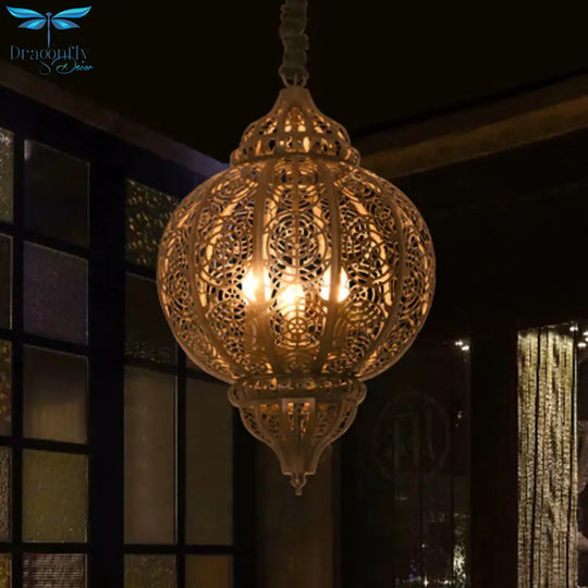 Metal Bronze Pendant Lighting Lantern Shade 3 - Bulb Traditional Hanging Chandelier With Laser Cut