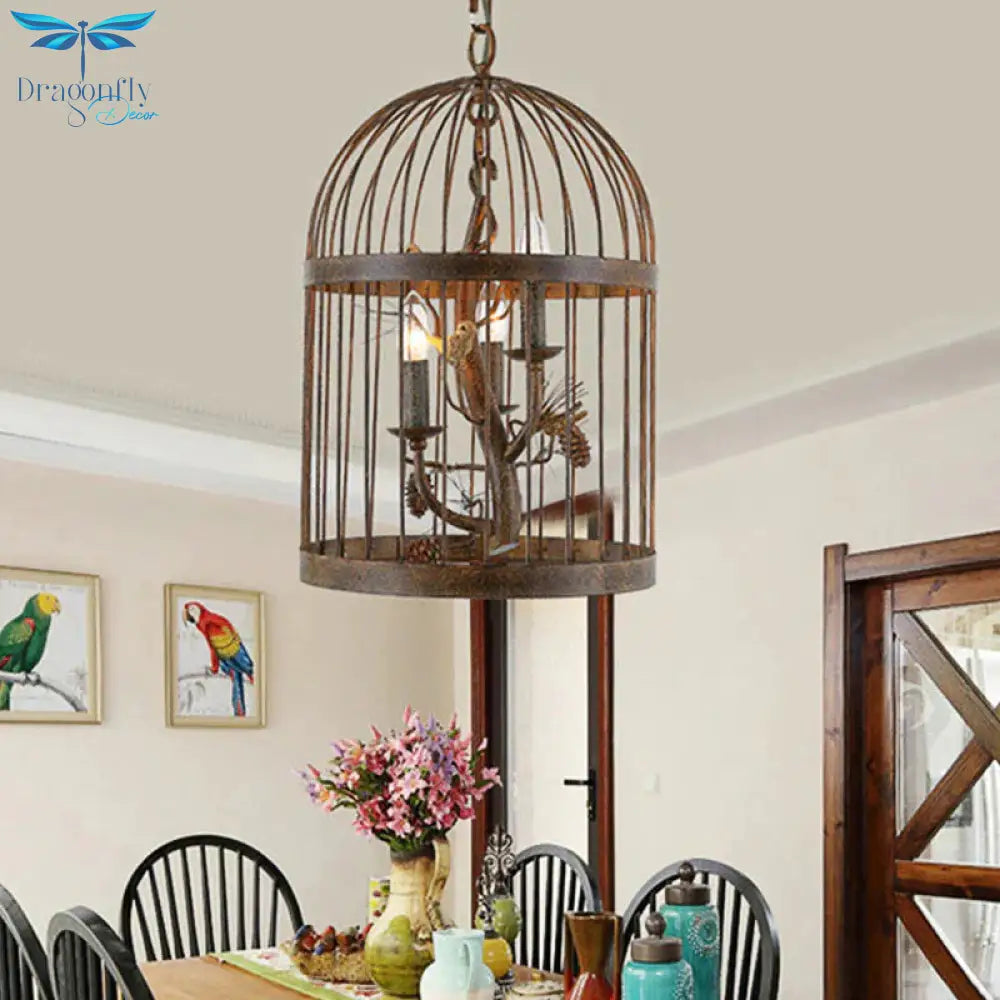 Metal Brown Pendant Lamp Bird Cage 3 Lights Rustic Chandelier Light Fixture For Dining Room