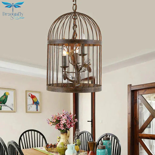 Metal Brown Pendant Lamp Bird Cage 3 Lights Rustic Chandelier Light Fixture For Dining Room