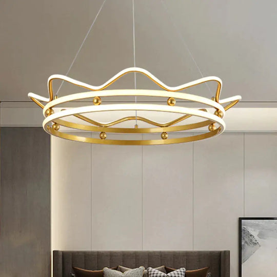 Metal Crown Frame Hanging Light Modernist Led Gold Chandelier Pendant For Bedroom