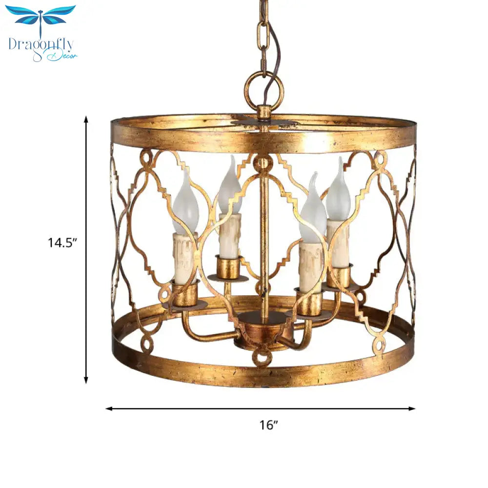 Metal Drum Shade Chandelier Lamp Retro 4 - Head Bedroom Pendant Ceiling Light In Gold