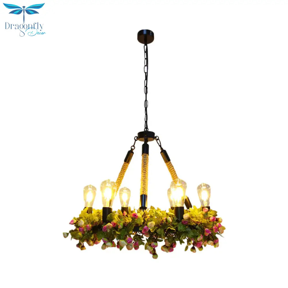 Metal Exposed Bulb Pendant Chandelier Industrial 6 - Light Restaurant Pendulum Light With