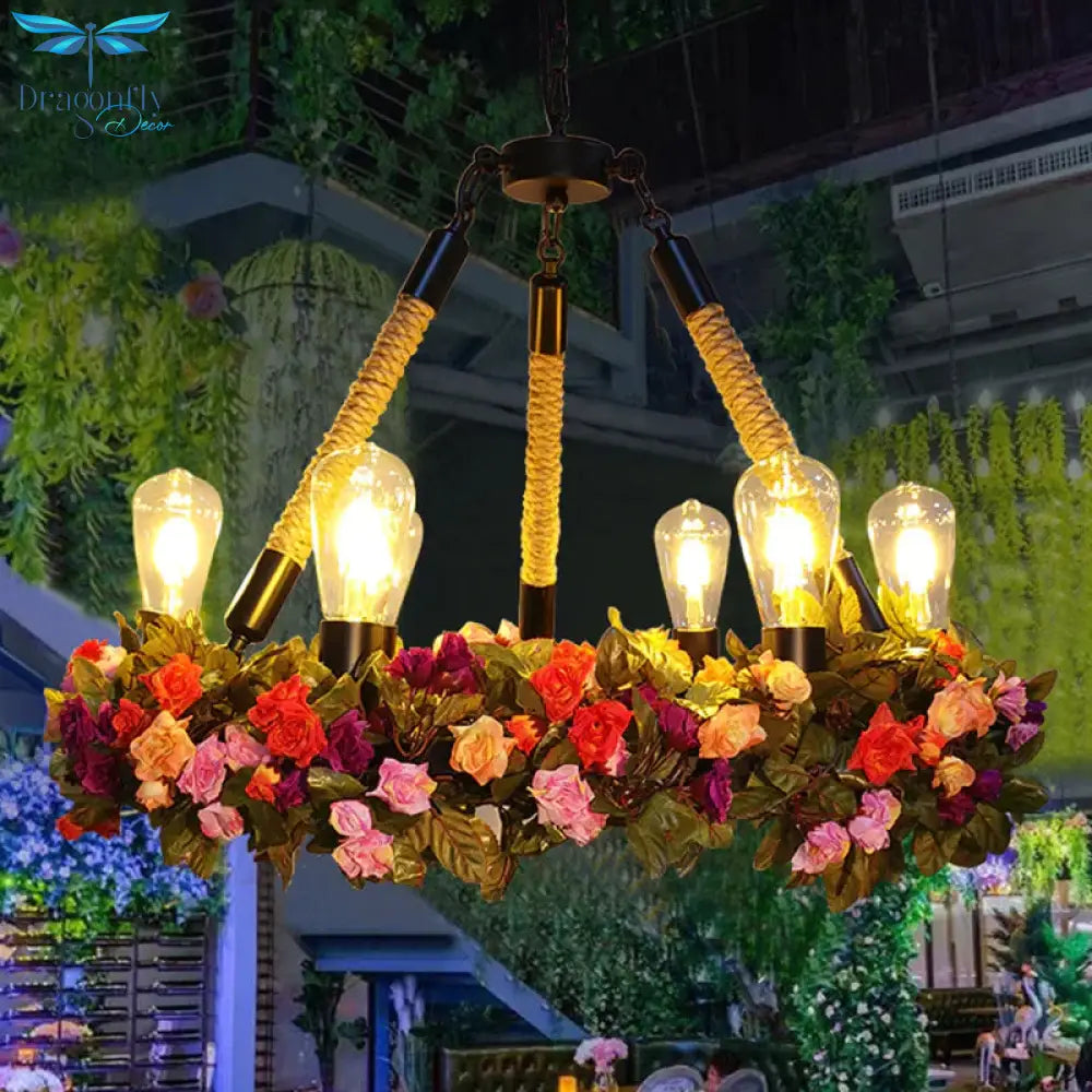 Metal Exposed Bulb Pendant Chandelier Industrial 6 - Light Restaurant Pendulum Light With