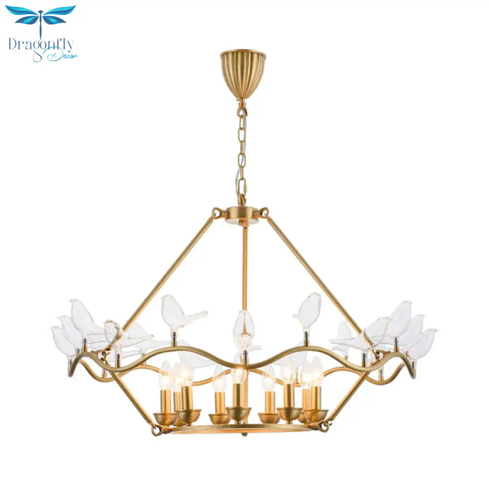 Metal Flower Basket Chandelier Lamp Modern 9 Bulbs Gold Pendant Lighting Fixture With Clear Glass