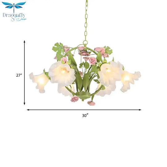 Metal Green Chandelier Lighting Circular 3/6 Heads Country Style Rose Hanging Light Fixture For