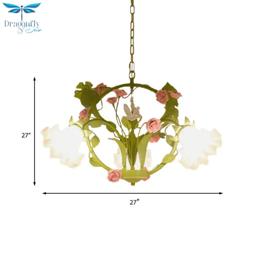 Metal Green Chandelier Lighting Circular 3/6 Heads Country Style Rose Hanging Light Fixture For