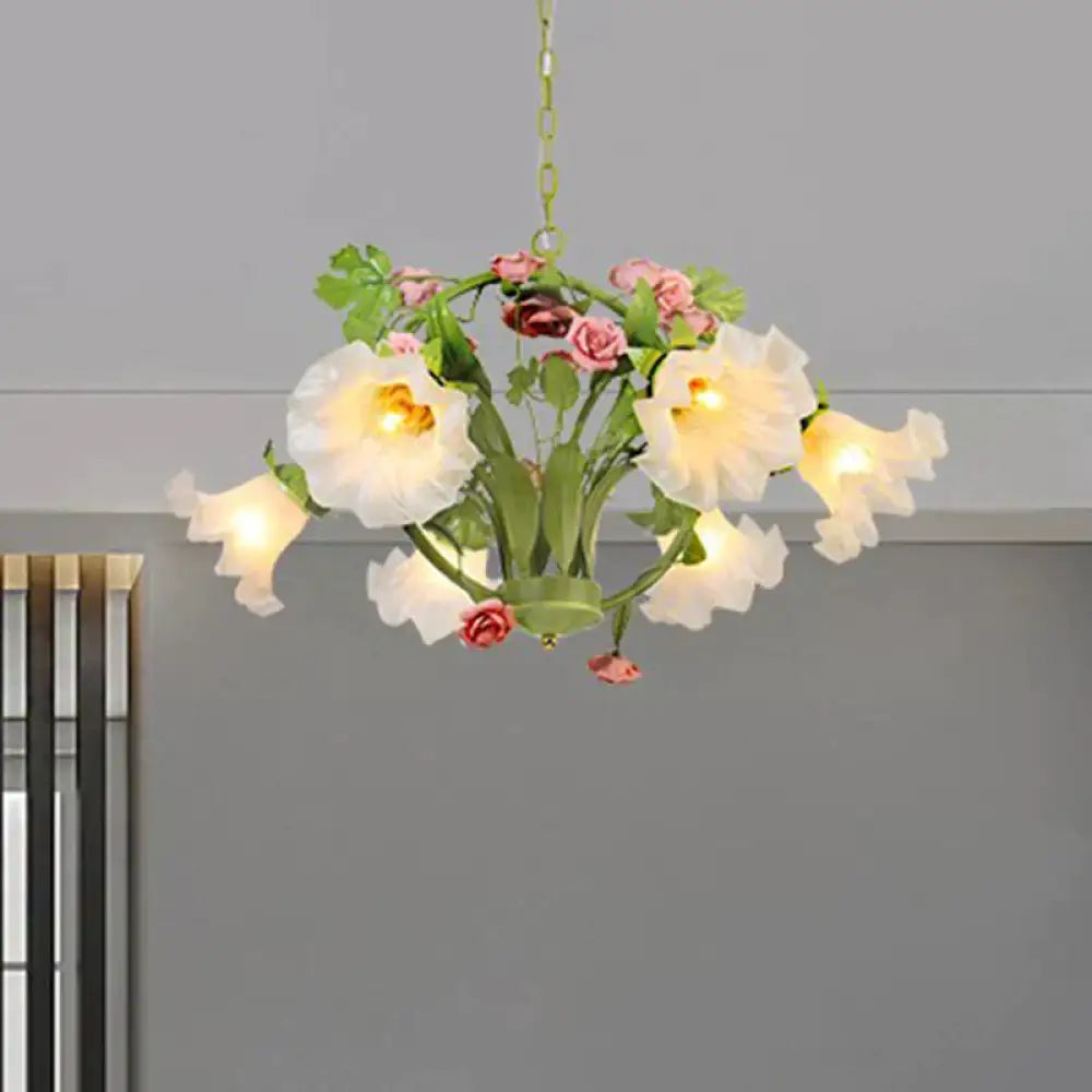 Metal Green Chandelier Lighting Circular 3/6 Heads Country Style Rose Hanging Light Fixture For