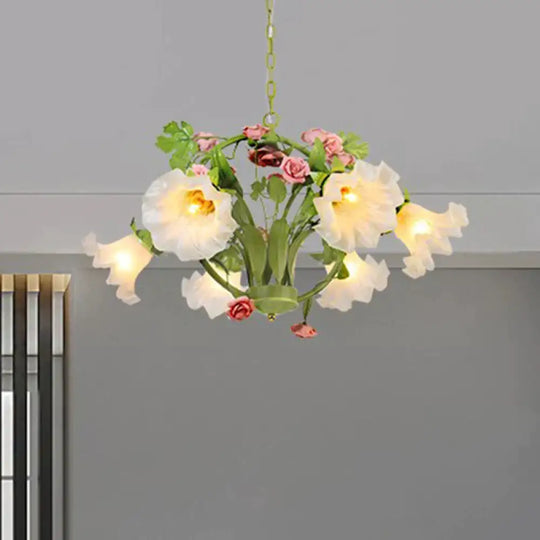Metal Green Chandelier Lighting Circular 3/6 Heads Country Style Rose Hanging Light Fixture For