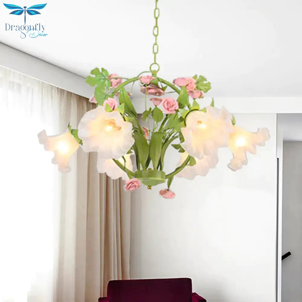 Metal Green Chandelier Lighting Circular 3/6 Heads Country Style Rose Hanging Light Fixture For