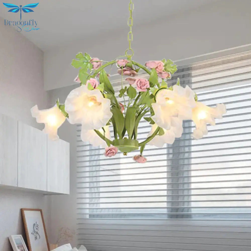 Metal Green Chandelier Lighting Circular 3/6 Heads Country Style Rose Hanging Light Fixture For