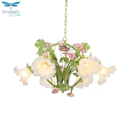 Metal Green Chandelier Lighting Circular 3/6 Heads Country Style Rose Hanging Light Fixture For