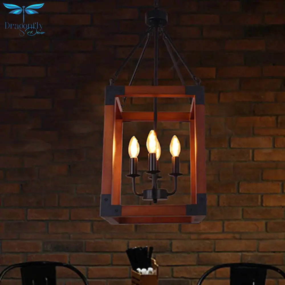 Metal Square Frame Pendant Lighting Fixture Traditional 4 Lights Restaurant Ceiling Chandelier In