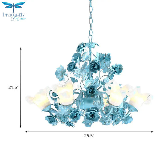 Metal Swooping Arm Suspension Lamp Korean Garden 3/6 Bulbs Bedroom Chandelier With Blue Flower And