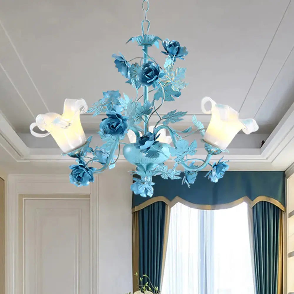 Metal Swooping Arm Suspension Lamp Korean Garden 3/6 Bulbs Bedroom Chandelier With Blue Flower And