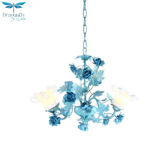 Metal Swooping Arm Suspension Lamp Korean Garden 3/6 Bulbs Bedroom Chandelier With Blue Flower And