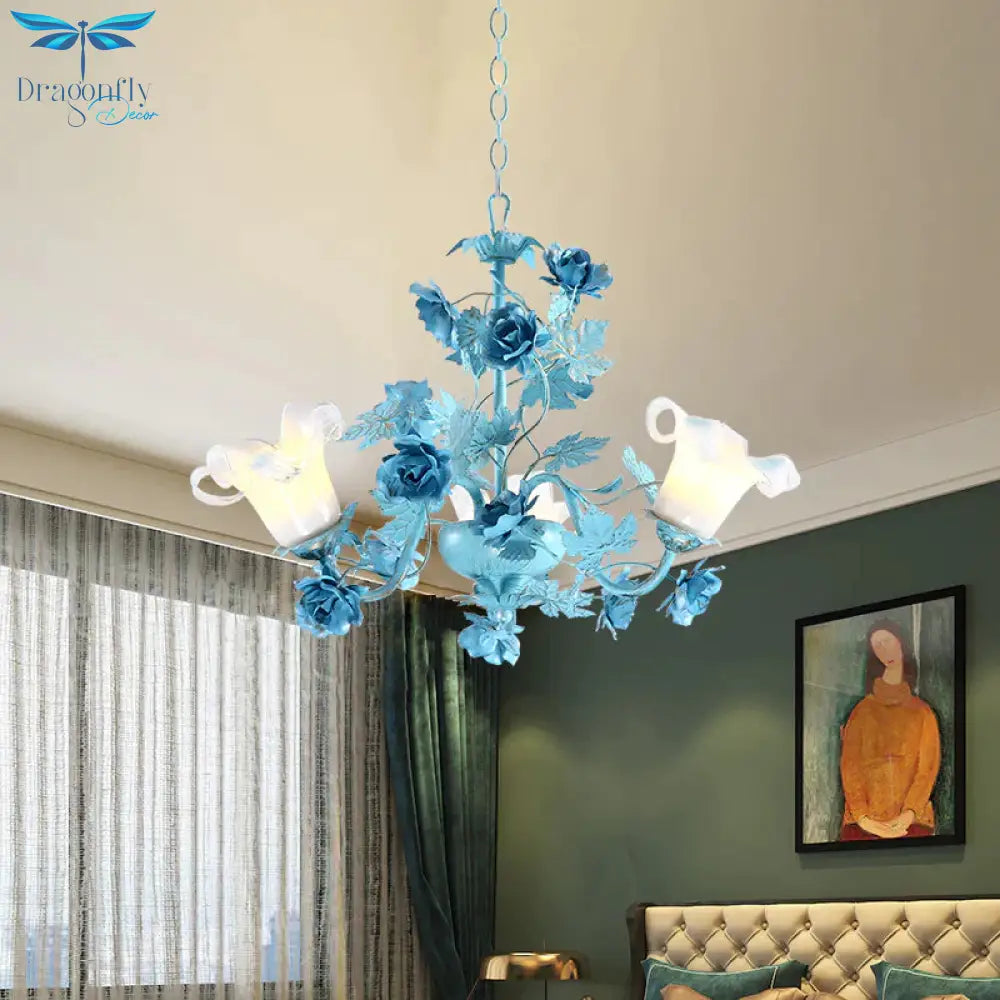 Metal Swooping Arm Suspension Lamp Korean Garden 3/6 Bulbs Bedroom Chandelier With Blue Flower And
