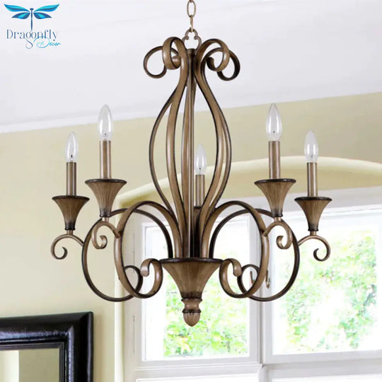 Metal Wood Pendant Lighting Swirled Arm 5 Lights Countryside Chandelier Lamp