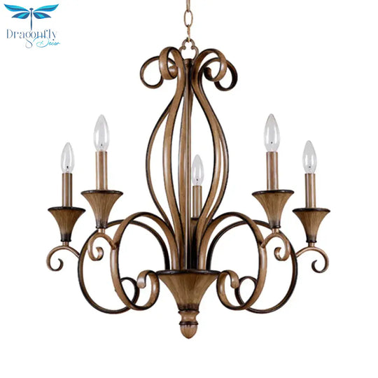 Metal Wood Pendant Lighting Swirled Arm 5 Lights Countryside Chandelier Lamp